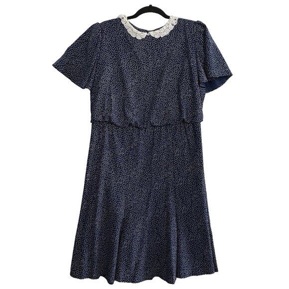 Vtg JENNY Women Dress Sz 18 Blue Polka Dot Lace Neck 80s 90s Cottagecore 60-6 - Picture 1 of 12